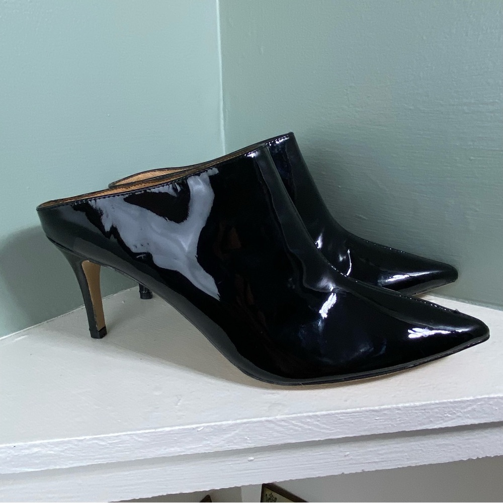 Halogen Atlantic-Pacific Black Patent Leather Andi Stiletto Pointy Mule Heels